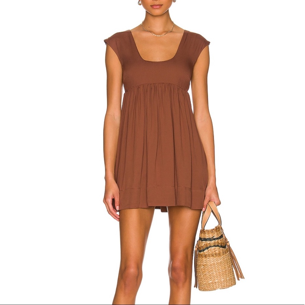 Anna Nata Brown Babydoll Mini Dress Empire Waist Cap Sleeve Pockets Scoop NEW